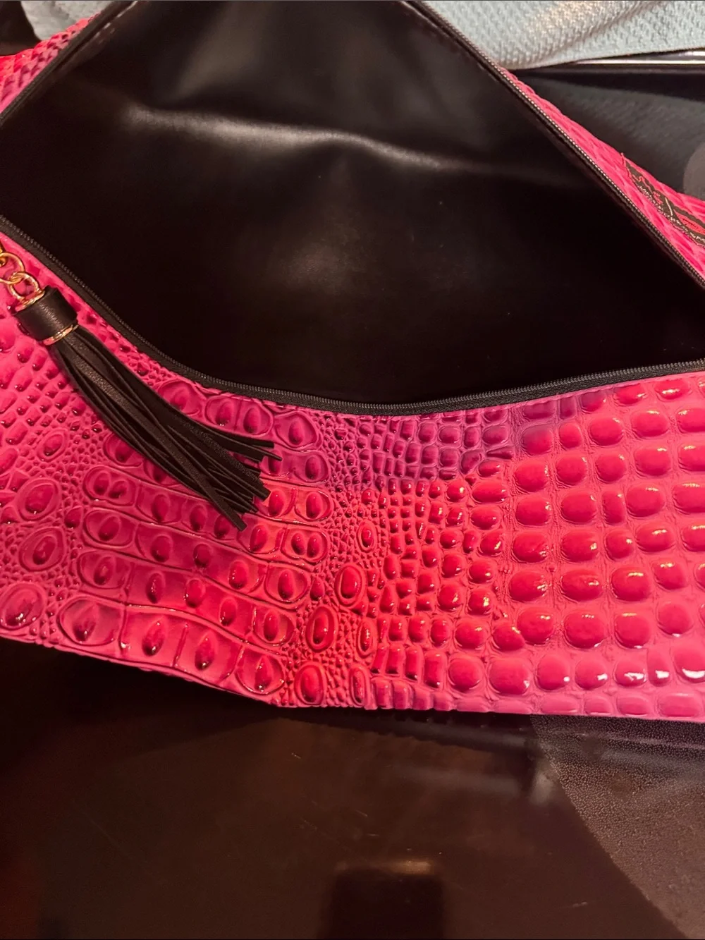 Pink Croc-Embossed Clutch with Tassel